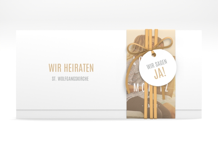 Hochzeitseinladung Memory Wickelfalzkarte + Banderole beige hochglanz