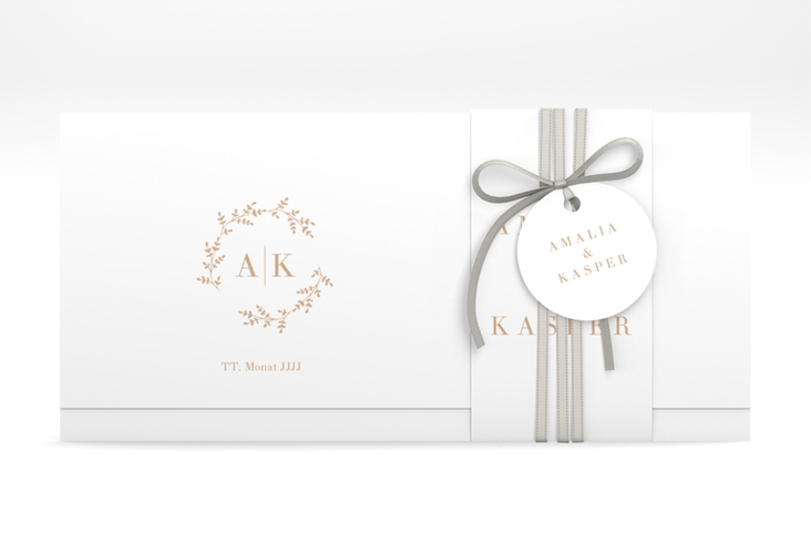 Hochzeitseinladung Filigrana Wickelfalzkarte + Banderole beige in reduziertem Design mit Initialen und zartem Blätterkranz