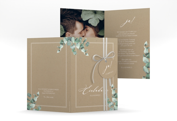 Einladungskarte Hochzeit Eucalypt A6 Klappkarte hoch Kraftpapier mit Eukalyptus und edlem Rahmen