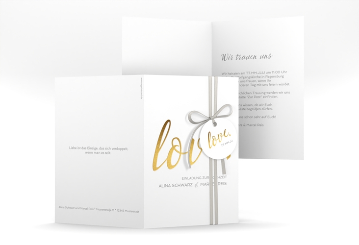 Einladungskarte Hochzeit Glam A6 Klappkarte hoch weiss hochglanz