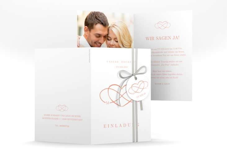 Einladungskarte Hochzeit Infinity A6 Klappkarte hoch apricot hochglanz