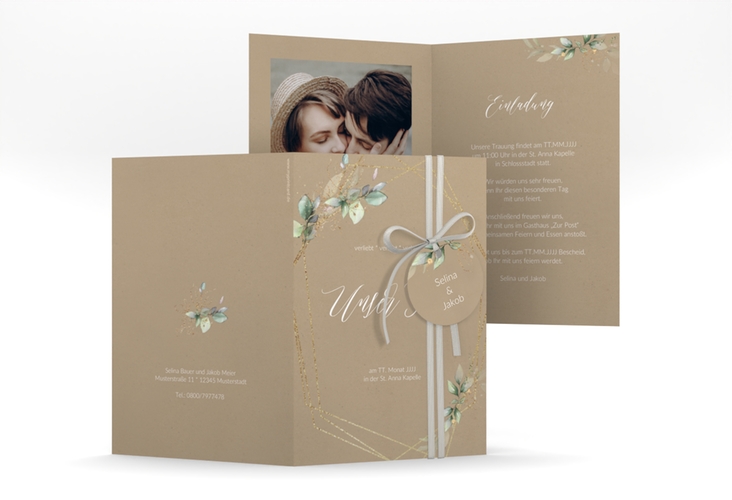 Hochzeitseinladung Greenish A6 Klappkarte hoch Kraftpapier hochglanz