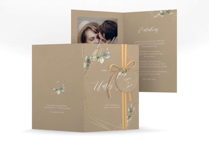 Hochzeitseinladung Greenish A6 Klappkarte hoch Kraftpapier hochglanz