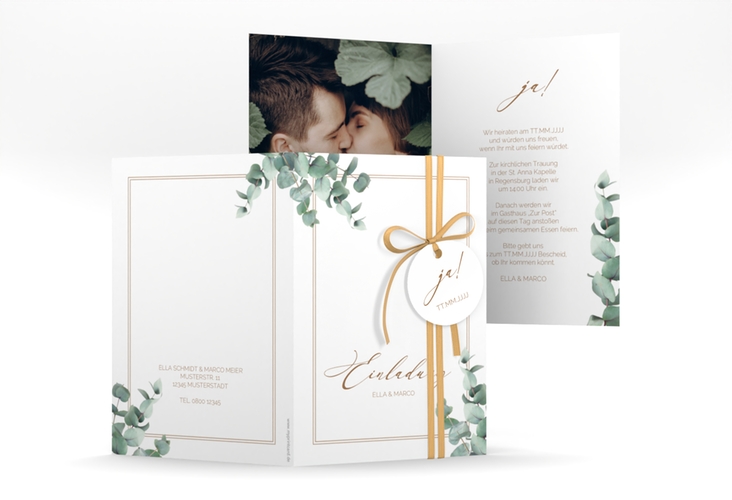 Einladungskarte Hochzeit Eucalypt A6 Klappkarte hoch hochglanz mit Eukalyptus und edlem Rahmen