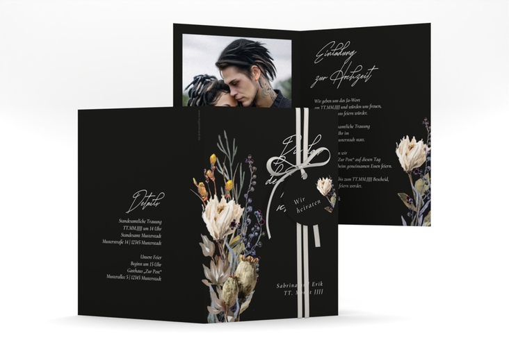 Einladungskarte Hochzeit Darkflower A6 Klappkarte hoch schwarz