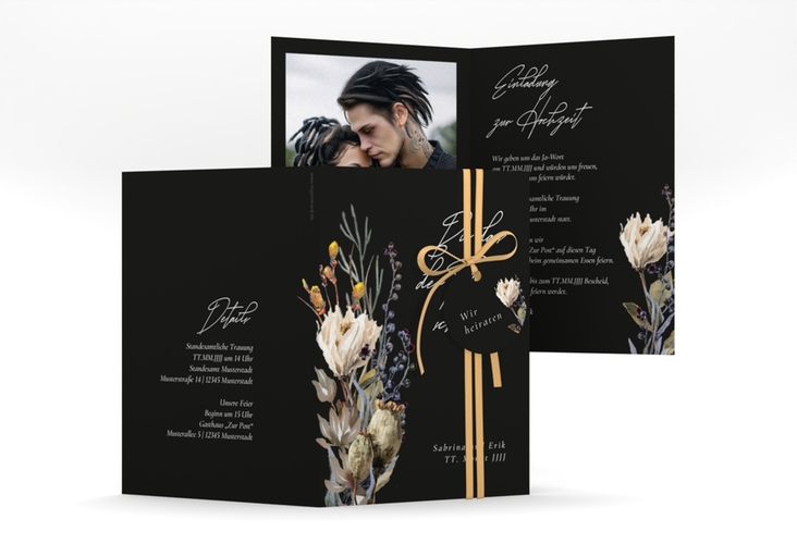 Einladungskarte Hochzeit Darkflower A6 Klappkarte hoch schwarz