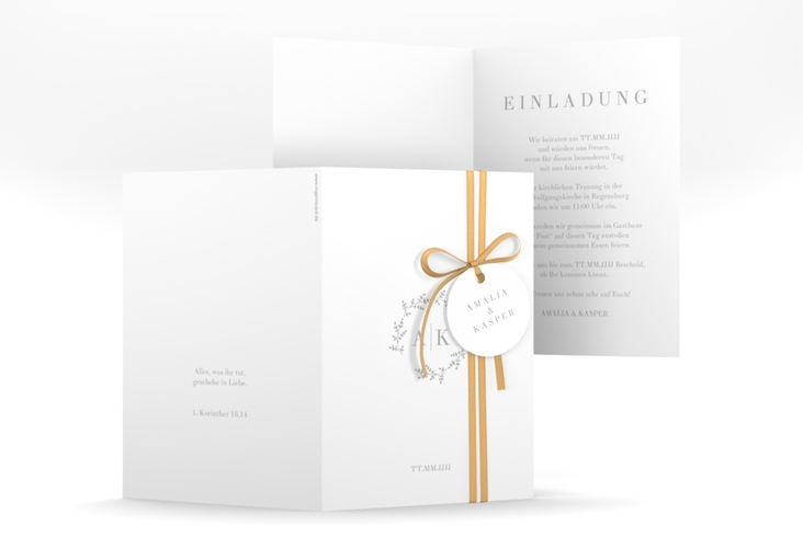 Einladungskarte Hochzeit Filigrana A6 Klappkarte hoch grau in reduziertem Design mit Initialen und zartem Blätterkranz