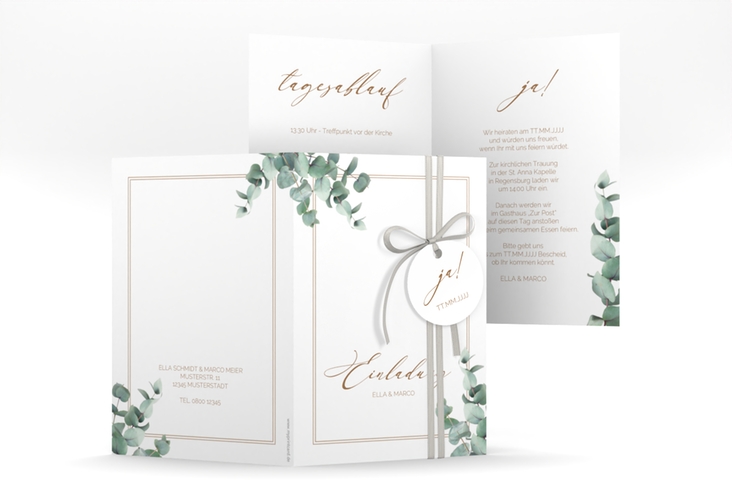 Einladungskarte Hochzeit Eucalypt A6 Klappkarte hoch weiss mit Eukalyptus und edlem Rahmen