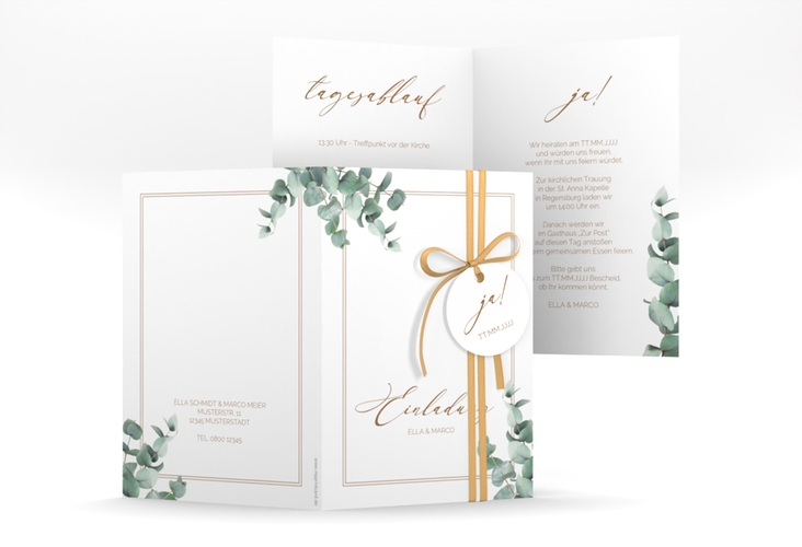 Einladungskarte Hochzeit Eucalypt A6 Klappkarte hoch weiss mit Eukalyptus und edlem Rahmen