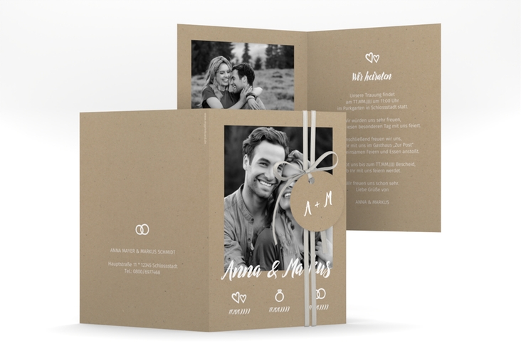 Einladungskarte Hochzeit Icons A6 Klappkarte hoch im Kraftpapier-Look mit Foto