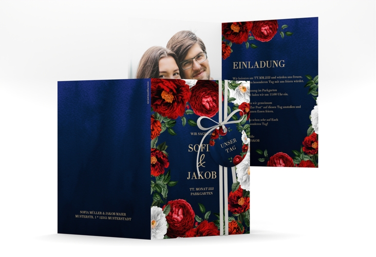 Einladungskarte Hochzeit "Florista" A6 Klappkarte blau