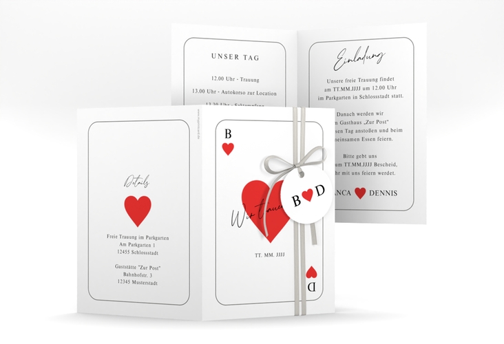 Einladungskarte Hochzeit Kartenspiel A6 Klappkarte hoch im Herz-Ass-Design eines Kartenspiels