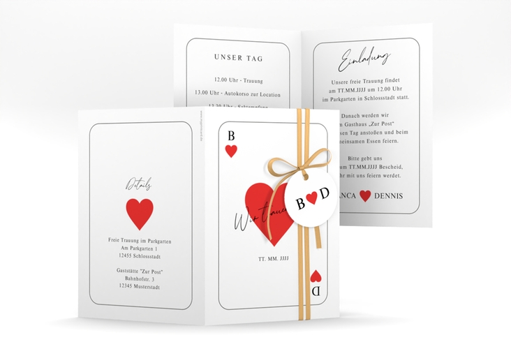 Einladungskarte Hochzeit Kartenspiel A6 Klappkarte hoch im Herz-Ass-Design eines Kartenspiels