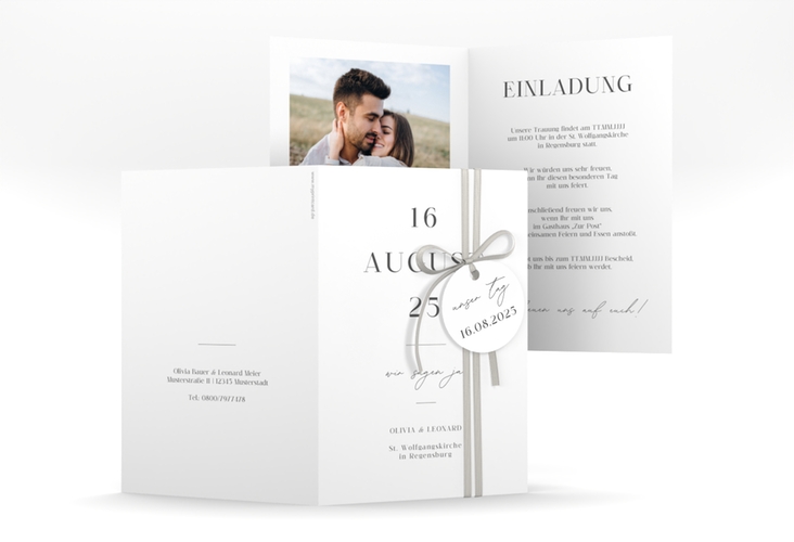 Einladungskarte Hochzeit Authentisch A6 Klappkarte hoch weiss hochglanz in schlichtem Design mit großem Hochzeitsdatum