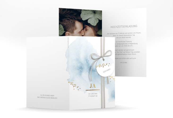 Einladungskarte Hochzeit Pastell A6 Klappkarte hoch blau hochglanz
