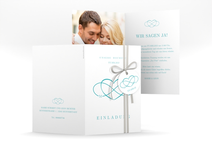 Einladungskarte Hochzeit Infinity A6 Klappkarte hoch tuerkis hochglanz