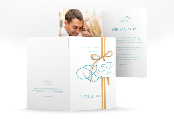Einladungskarte Hochzeit Infinity A6 Klappkarte hoch tuerkis hochglanz