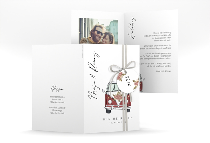 Einladungskarte Hochzeit Hochzeitsbulli A6 Klappkarte hoch rot mit Gräsern und Trockenblumen für Boho-Hochzeit