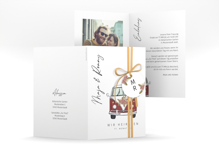 Einladungskarte Hochzeit Hochzeitsbulli A6 Klappkarte hoch rot mit Gräsern und Trockenblumen für Boho-Hochzeit