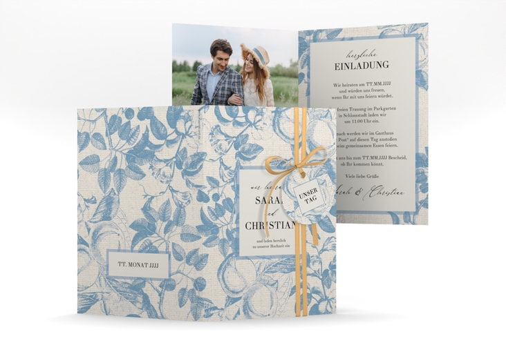Einladungskarte Hochzeit Toile A6 Klappkarte hoch blau mit Blättermuster im Toile-de-Jouy-Stil