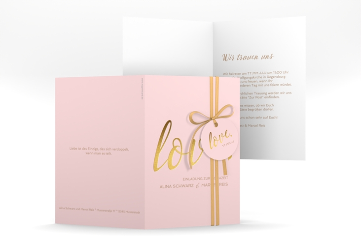 Einladungskarte Hochzeit Glam A6 Klappkarte hoch rosa