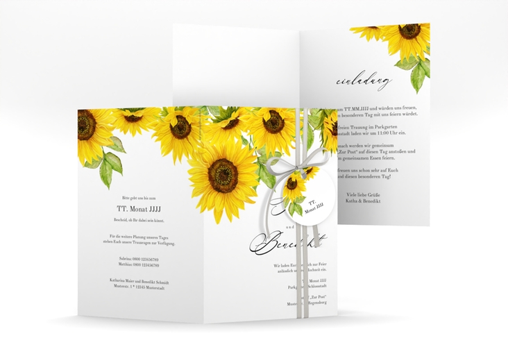 Einladungskarte Hochzeit Sonnenblume A6 Klappkarte hoch weiss mit Blüten in Gelb