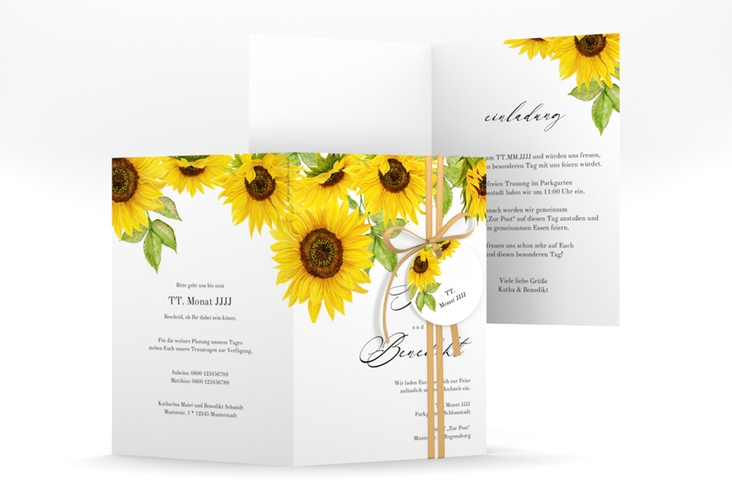 Einladungskarte Hochzeit Sonnenblume A6 Klappkarte hoch weiss mit Blüten in Gelb