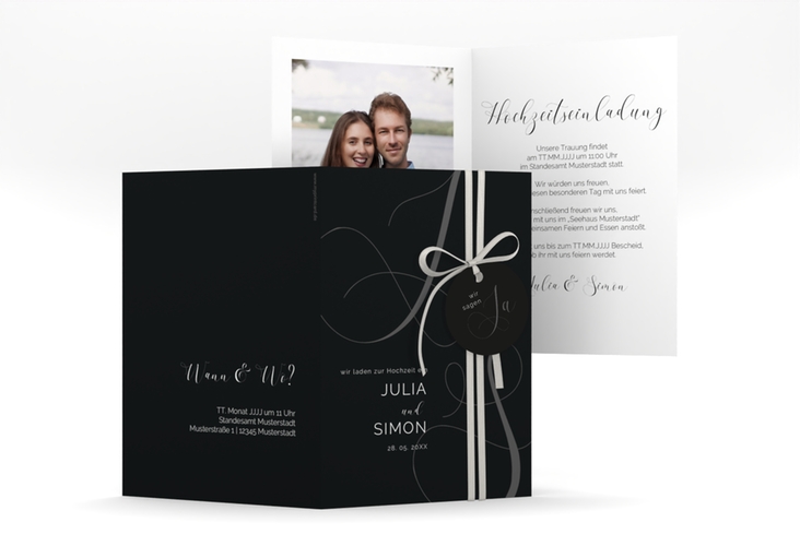 Hochzeitseinladung Eheschließung A6 Klappkarte hoch schwarz hochglanz mit Gräsern und Trockenblumen für Boho-Hochzeit