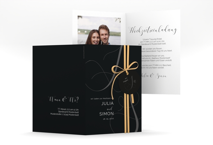 Hochzeitseinladung Eheschließung A6 Klappkarte hoch schwarz hochglanz mit Gräsern und Trockenblumen für Boho-Hochzeit