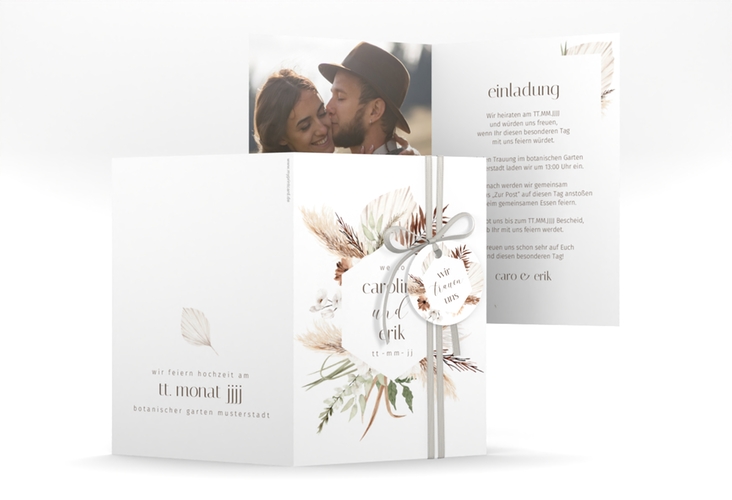 Einladungskarte Hochzeit Bohemian A6 Klappkarte hoch weiss mit Gräsern und Trockenblumen für Boho-Hochzeit