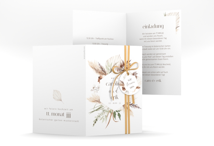 Einladungskarte Hochzeit Bohemian A6 Klappkarte hoch weiss mit Gräsern und Trockenblumen für Boho-Hochzeit