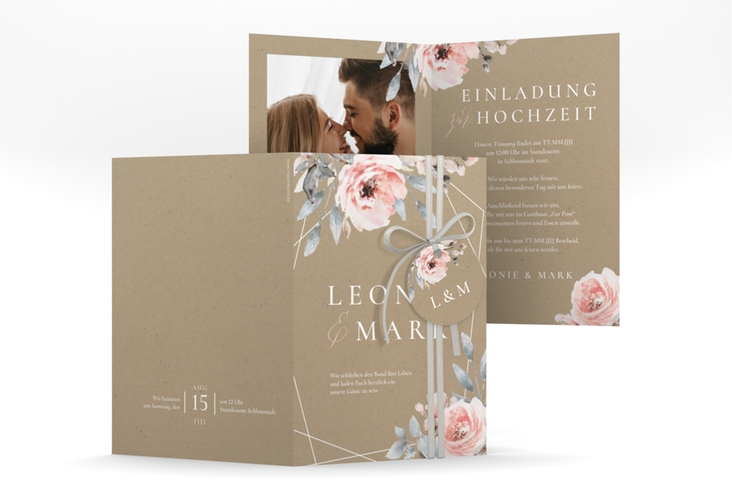 Einladungskarte Hochzeit Perfection A6 Klappkarte hoch Kraftpapier hochglanz mit rosa Rosen