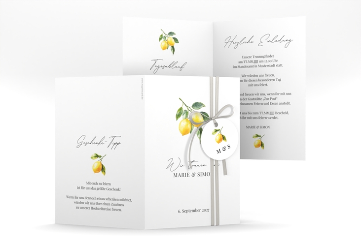 Einladungskarte Hochzeit Zitronen A6 Klappkarte hoch für mediterrane Zitrushochzeit