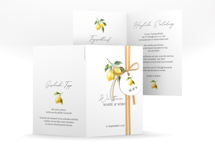 Einladungskarte Hochzeit Zitronen A6 Klappkarte hoch für mediterrane Zitrushochzeit