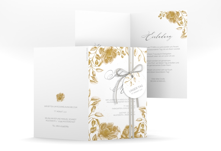 Einladungskarte Hochzeit Blattgold A6 Klappkarte hoch gold hochglanz