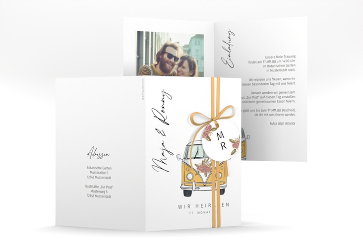 Einladungskarte Hochzeit Hochzeitsbulli A6 Klappkarte hoch gelb mit Gräsern und Trockenblumen für Boho-Hochzeit