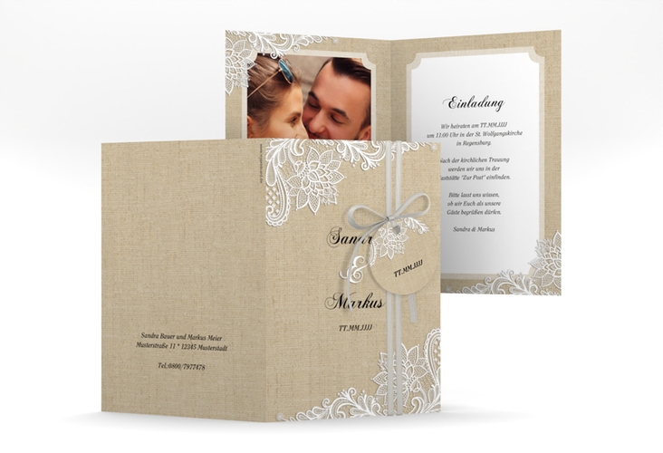 Einladungskarte Hochzeit Lace A6 Klappkarte hoch beige in Leinen-Optik mit weißer Spitze