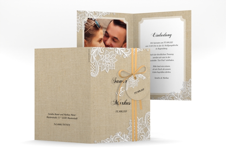 Einladungskarte Hochzeit Lace A6 Klappkarte hoch beige in Leinen-Optik mit weißer Spitze