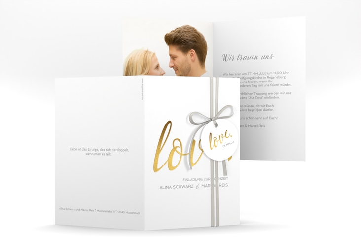 Einladungskarte Hochzeit Glam A6 Klappkarte hoch weiss hochglanz