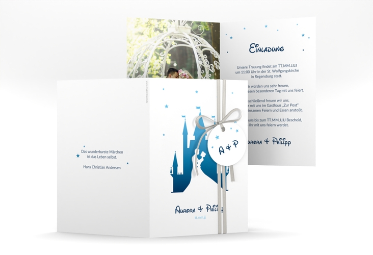 Einladungskarte Hochzeit Castle A6 Klappkarte hoch blau hochglanz