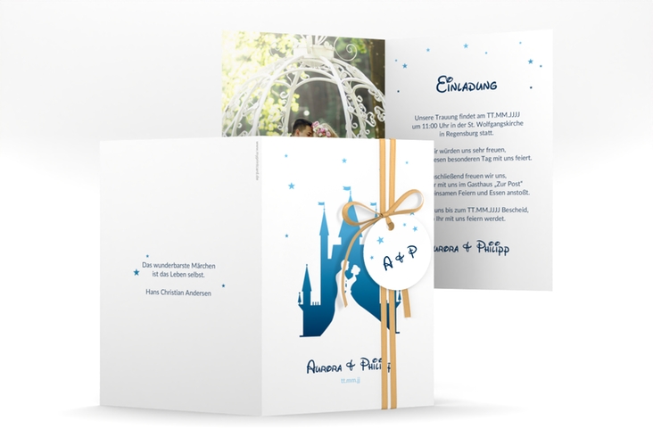 Einladungskarte Hochzeit Castle A6 Klappkarte hoch blau hochglanz