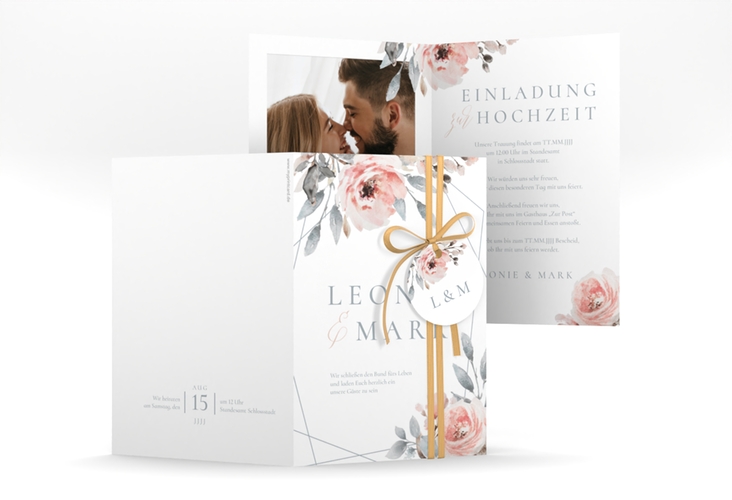 Einladungskarte Hochzeit Perfection A6 Klappkarte hoch weiss hochglanz mit rosa Rosen
