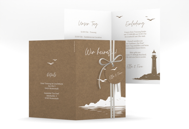 Einladungskarte Hochzeit Leuchtturm A6 Klappkarte hoch Kraftpapier