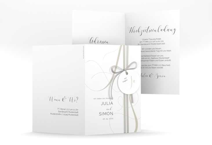 Hochzeitseinladung Eheschließung A6 Klappkarte hoch weiss hochglanz mit Gräsern und Trockenblumen für Boho-Hochzeit