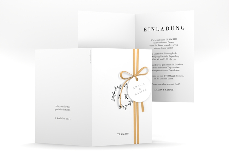Einladungskarte Hochzeit Filigrana A6 Klappkarte hoch in reduziertem Design mit Initialen und zartem Blätterkranz
