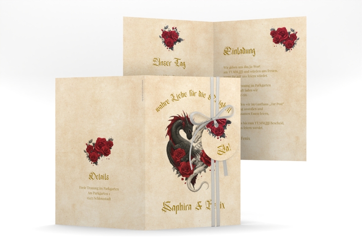 Einladungskarte Hochzeit Drachenliebe A6 Klappkarte hoch mit schwarzem und weißem Drachen zu einem Herz verschlungen