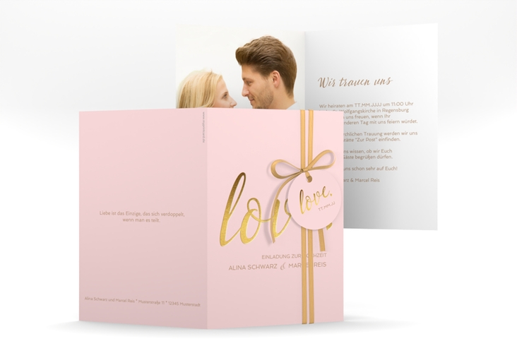 Einladungskarte Hochzeit Glam A6 Klappkarte hoch rosa hochglanz