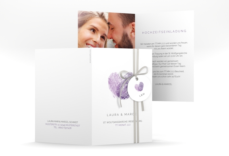 Einladungskarte Hochzeit Fingerprint A6 Klappkarte hoch lila hochglanz schlicht mit Fingerabdruck-Motiv
