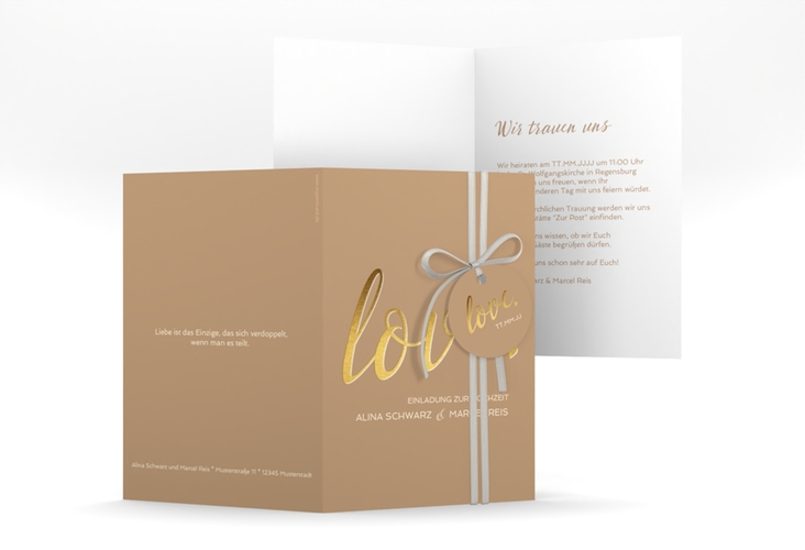 Einladungskarte Hochzeit Glam A6 Klappkarte hoch beige hochglanz