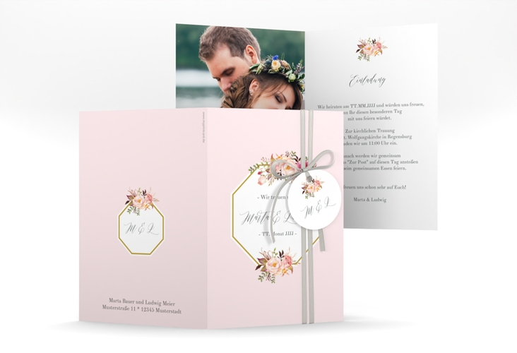 Einladungskarte Hochzeit Prachtvoll A6 Klappkarte hoch rosa hochglanz
